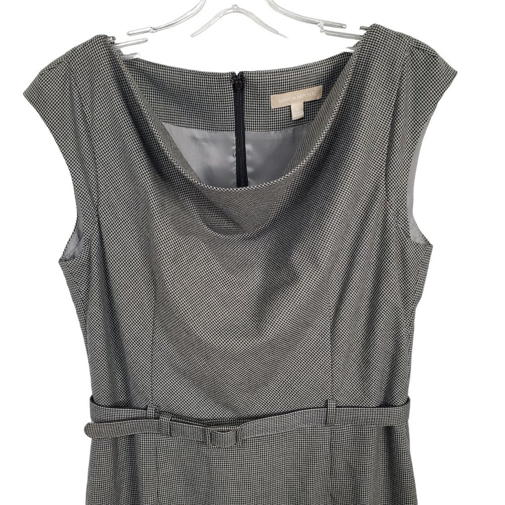 Banana Republic Sz 12 Dress Micro Houndstooth Cap Sleeve Belt Draped Black Gray - Picture 5 of 13